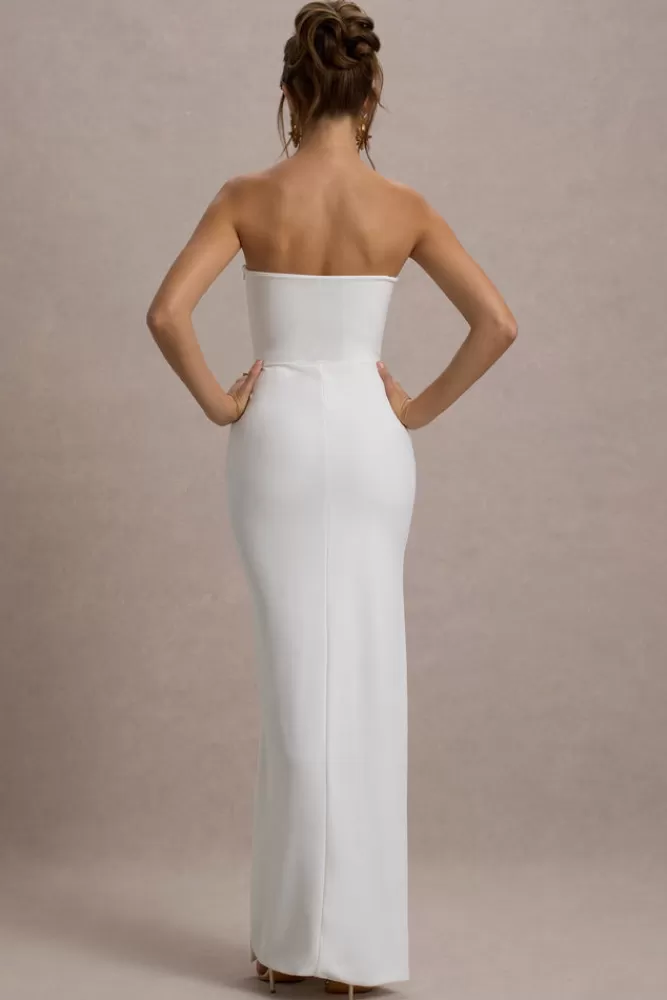 Club L London | Abito da Sera Ammiraglia della Serata - Vestito Bandeau Sfilato con Ventaglio Laterale in Bianco Puro, Confezione Elegante a Prezzo Imperdibile