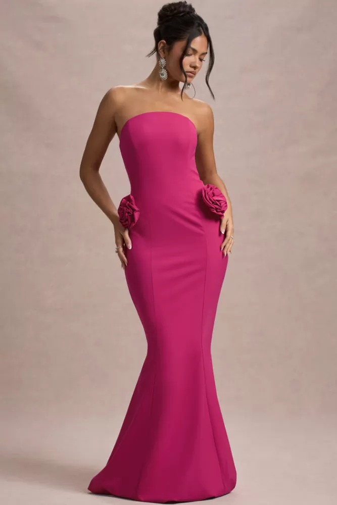 Abito Sirena Senza Spalline Club L Londra - Rosa Scuro con Decorazioni Floreali | Edizione Fuxia Intenso, Confezione Premium per un Look da Sera Indimenticabile
