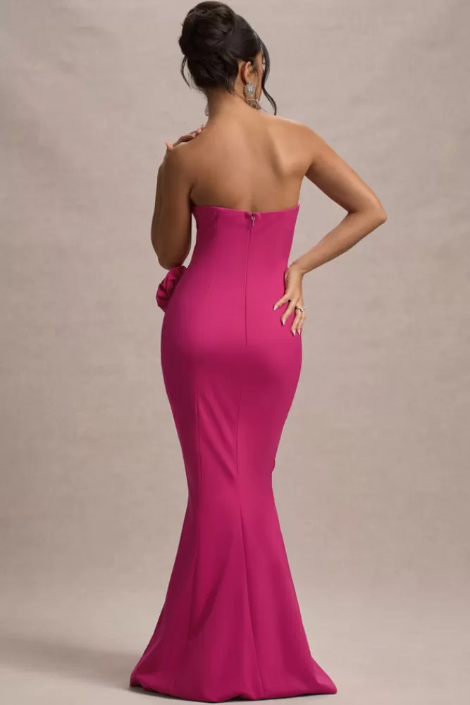 Abito Sirena Senza Spalline Club L Londra - Rosa Scuro con Decorazioni Floreali | Edizione Fuxia Intenso, Confezione Premium per un Look da Sera Indimenticabile