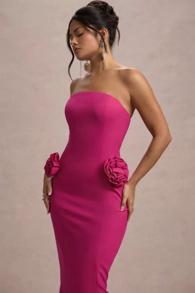 Abito Sirena Senza Spalline Club L Londra - Rosa Scuro con Decorazioni Floreali | Edizione Fuxia Intenso, Confezione Premium per un Look da Sera Indimenticabile