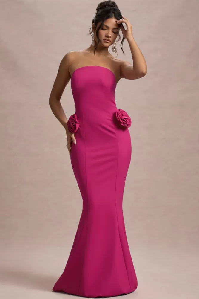 Abito Sirena Senza Spalline Club L Londra - Rosa Scuro con Decorazioni Floreali | Edizione Fuxia Intenso, Confezione Premium per un Look da Sera Indimenticabile