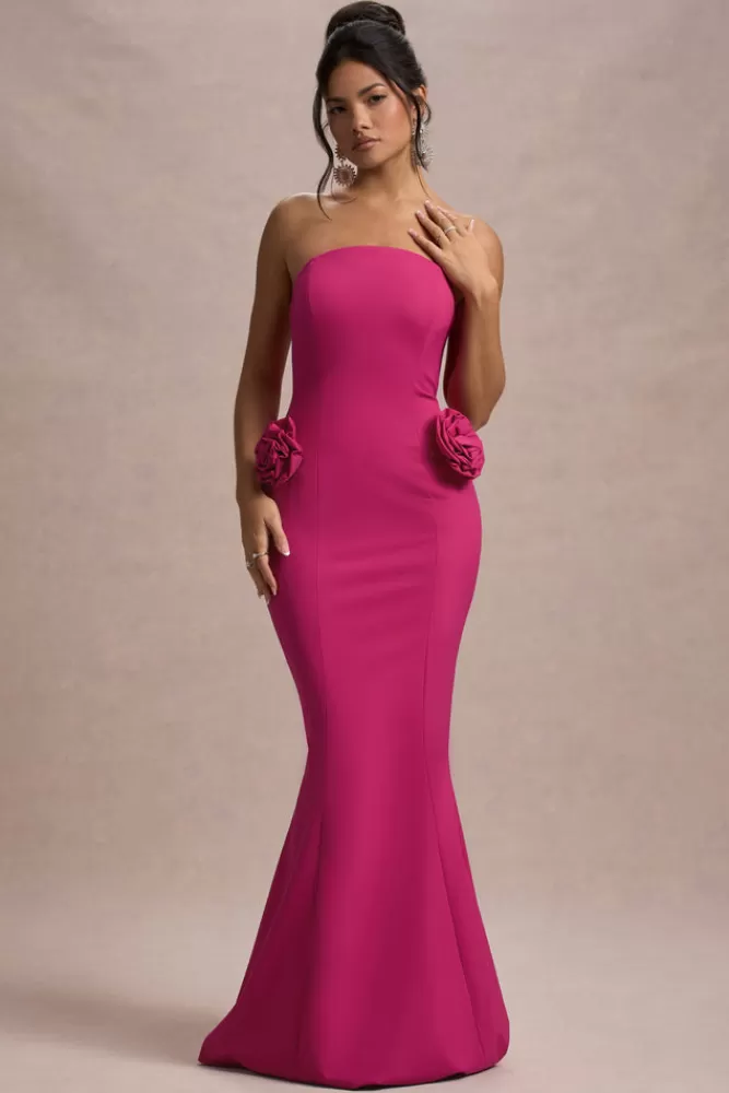 Abito Sirena Senza Spalline Club L Londra - Rosa Scuro con Decorazioni Floreali | Edizione Fuxia Intenso, Confezione Premium per un Look da Sera Indimenticabile