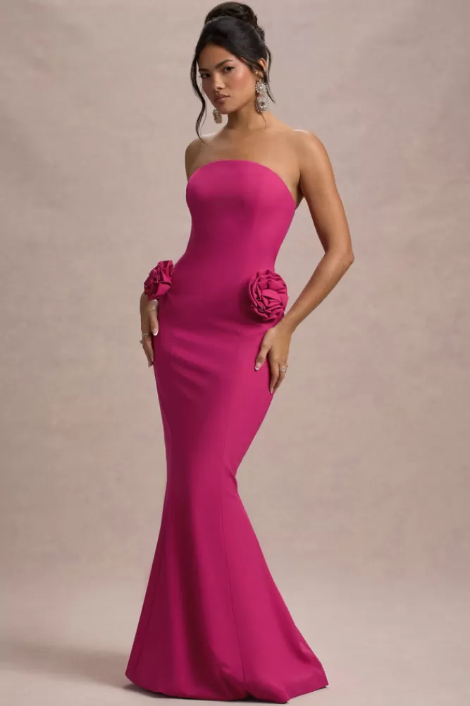 Abito Sirena Senza Spalline Club L Londra - Rosa Scuro con Decorazioni Floreali | Edizione Fuxia Intenso, Confezione Premium per un Look da Sera Indimenticabile