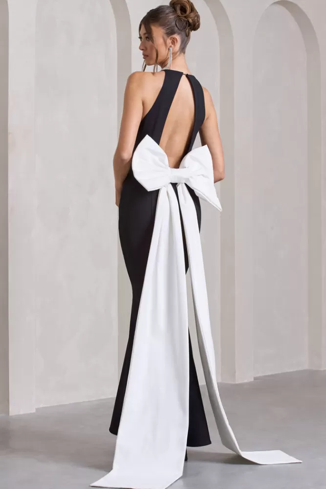 Abito Club L London Bestow - Vestito lungo open back con grande fiocco bianco oversize, nero elegante
