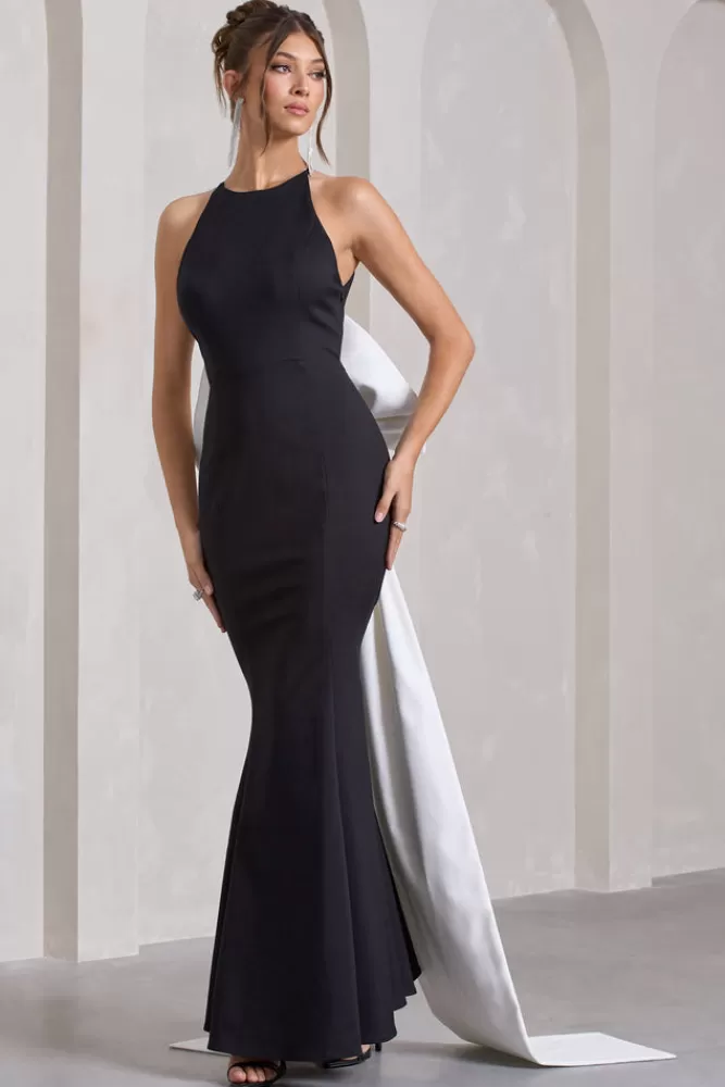 Abito Club L London Bestow - Vestito lungo open back con grande fiocco bianco oversize, nero elegante