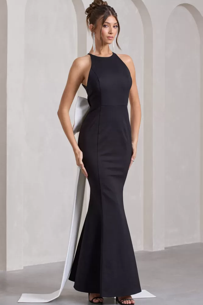 Abito Club L London Bestow - Vestito lungo open back con grande fiocco bianco oversize, nero elegante