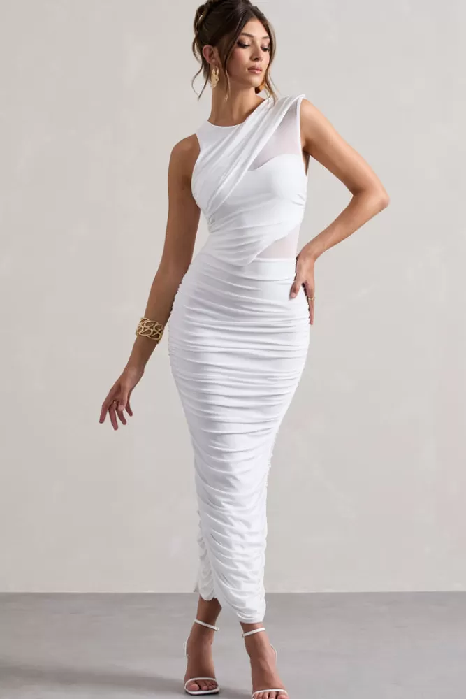 Club L London 'Born With It' - Abito da sera elegante senza maniche, collo alto con drappeggio sofisticato e inserti in tessuto trasparente. Disponibile in bianco, prezzo incredibile!