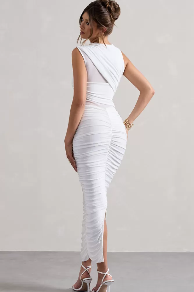 Club L London 'Born With It' - Abito da sera elegante senza maniche, collo alto con drappeggio sofisticato e inserti in tessuto trasparente. Disponibile in bianco, prezzo incredibile!