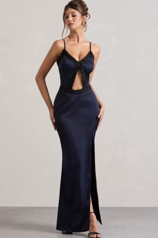 Abito lungo in raso con inserti in pizzo e décolleté elegante - Blu Navy in saldo | Club L London Brescia