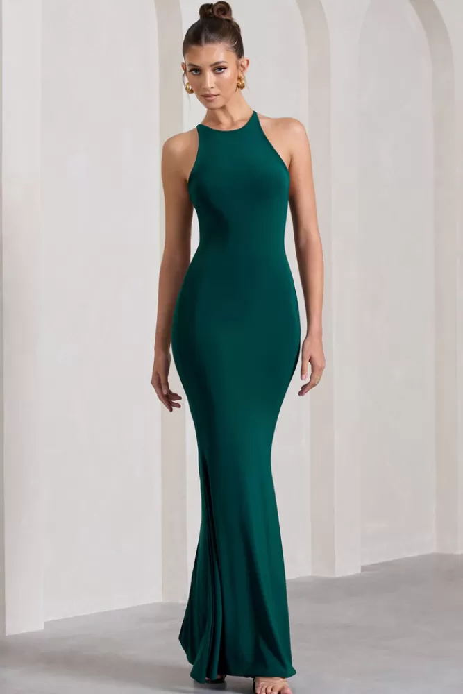 Abito estivo Club L London Brianna - Verde Bottiglia senza maniche con scollo allacciato al collo e schiena scoperta, vestito lungo midi nuovo collezione