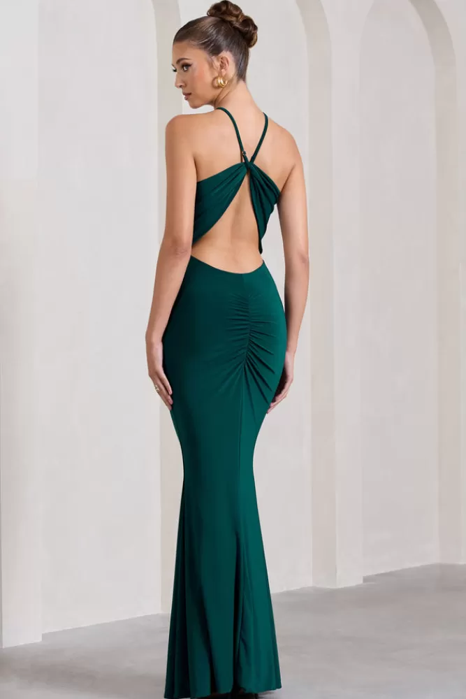 Abito estivo Club L London Brianna - Verde Bottiglia senza maniche con scollo allacciato al collo e schiena scoperta, vestito lungo midi nuovo collezione
