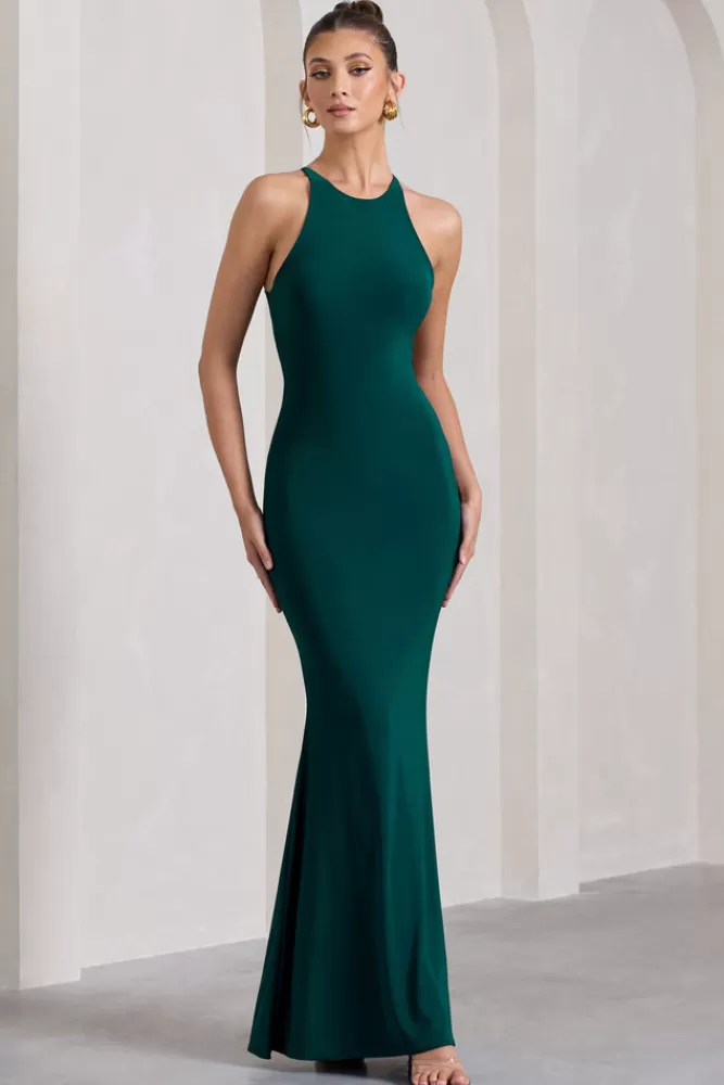 Abito estivo Club L London Brianna - Verde Bottiglia senza maniche con scollo allacciato al collo e schiena scoperta, vestito lungo midi nuovo collezione
