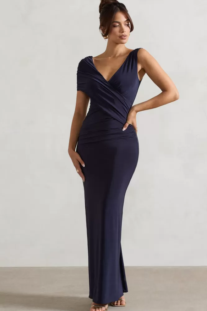 Club L London - Capella Abito Maxi Avvolgente con Design Asimmetrico in Blu Marino, Edizione Promozionale