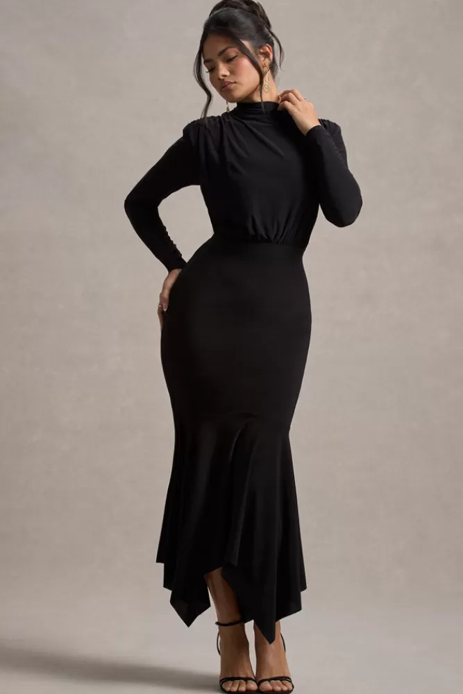 Abito Elegante Collo Alto Lungo con Ventagliato Sul Fondo - Nero | Linea Femminile Carla di Club L London