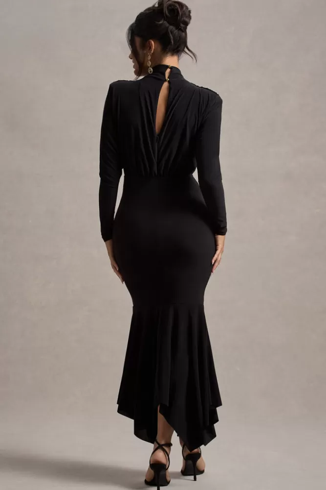 Abito Elegante Collo Alto Lungo con Ventagliato Sul Fondo - Nero | Linea Femminile Carla di Club L London