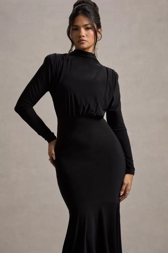 Abito Elegante Collo Alto Lungo con Ventagliato Sul Fondo - Nero | Linea Femminile Carla di Club L London