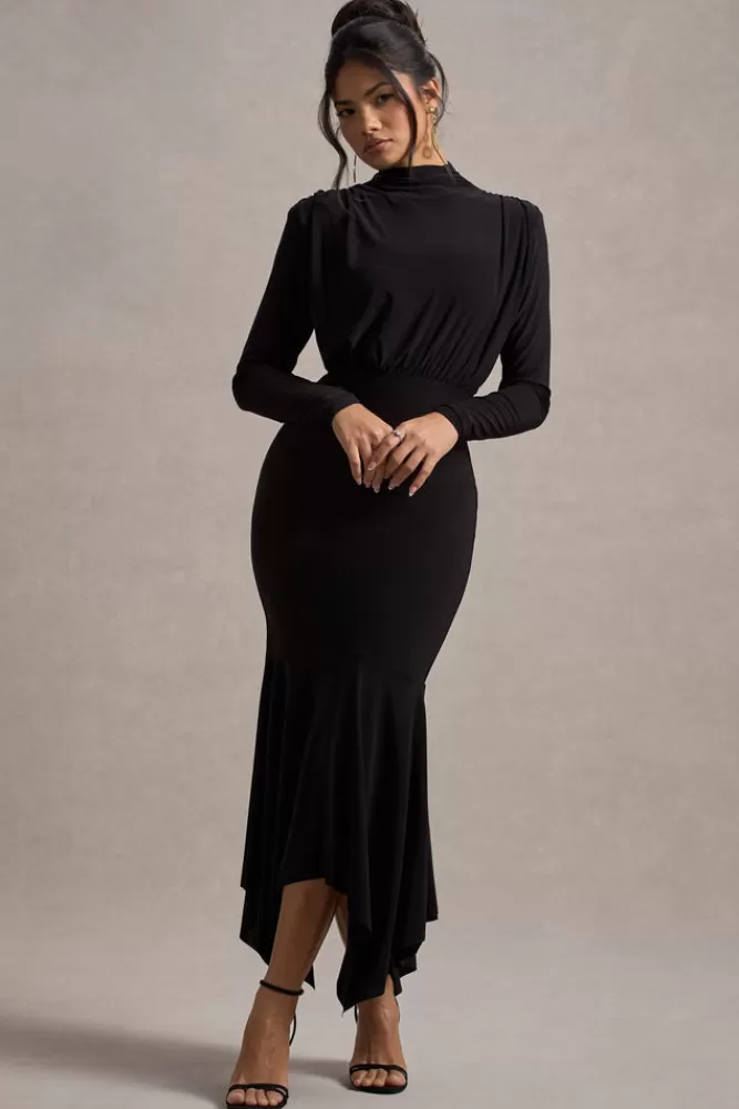 Abito Elegante Collo Alto Lungo con Ventagliato Sul Fondo - Nero | Linea Femminile Carla di Club L London