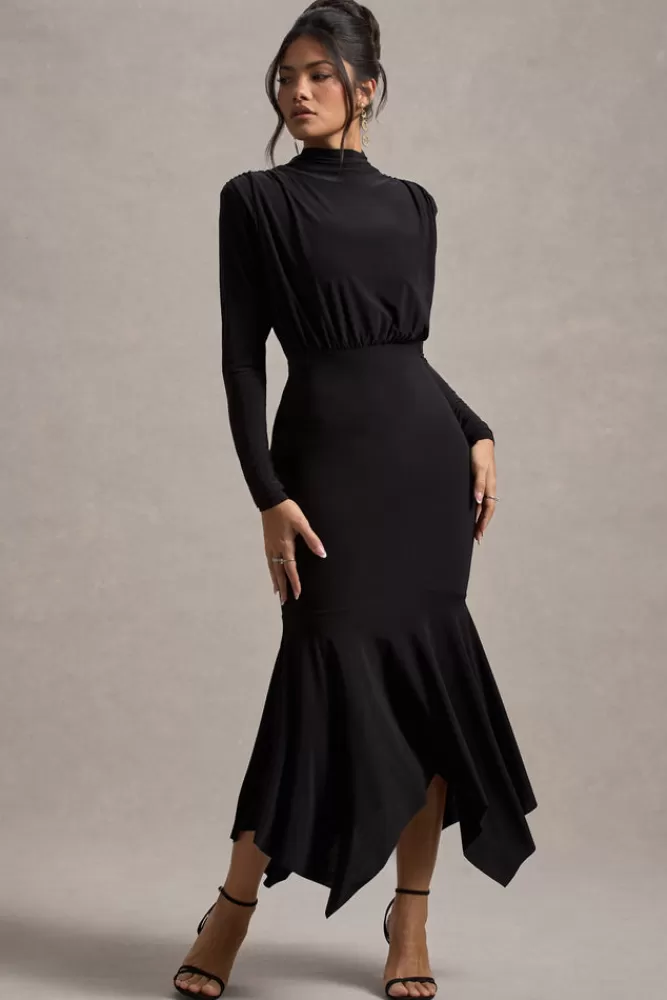 Abito Elegante Collo Alto Lungo con Ventagliato Sul Fondo - Nero | Linea Femminile Carla di Club L London
