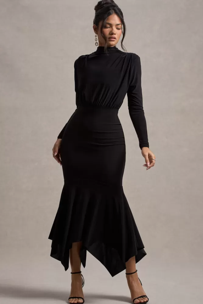 Abito Elegante Collo Alto Lungo con Ventagliato Sul Fondo - Nero | Linea Femminile Carla di Club L London