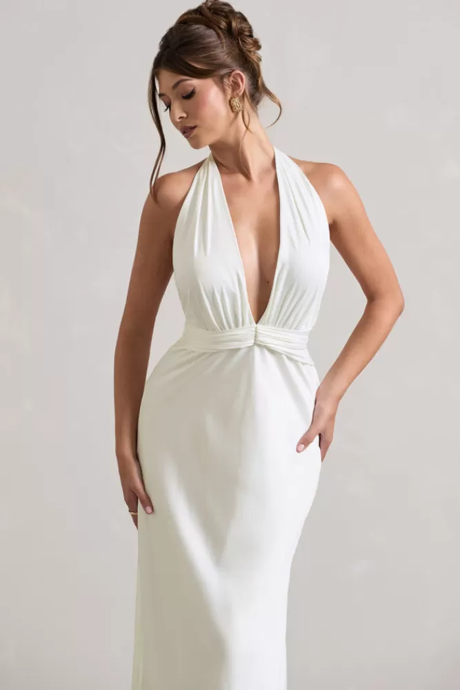 Carolyn di Club L London - Abito lungo in raso con scollo a V profondo e orlo asimmetrico, tonalità avorio. Elegante vestito serale con dettagli glamour. Confezione in raso pregiato per look sofisticato.
