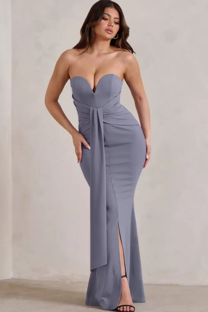 Abito Lungo Club L London Carrie - Scollo a Cuore con Nodo Decorativo in Grigio Colombino