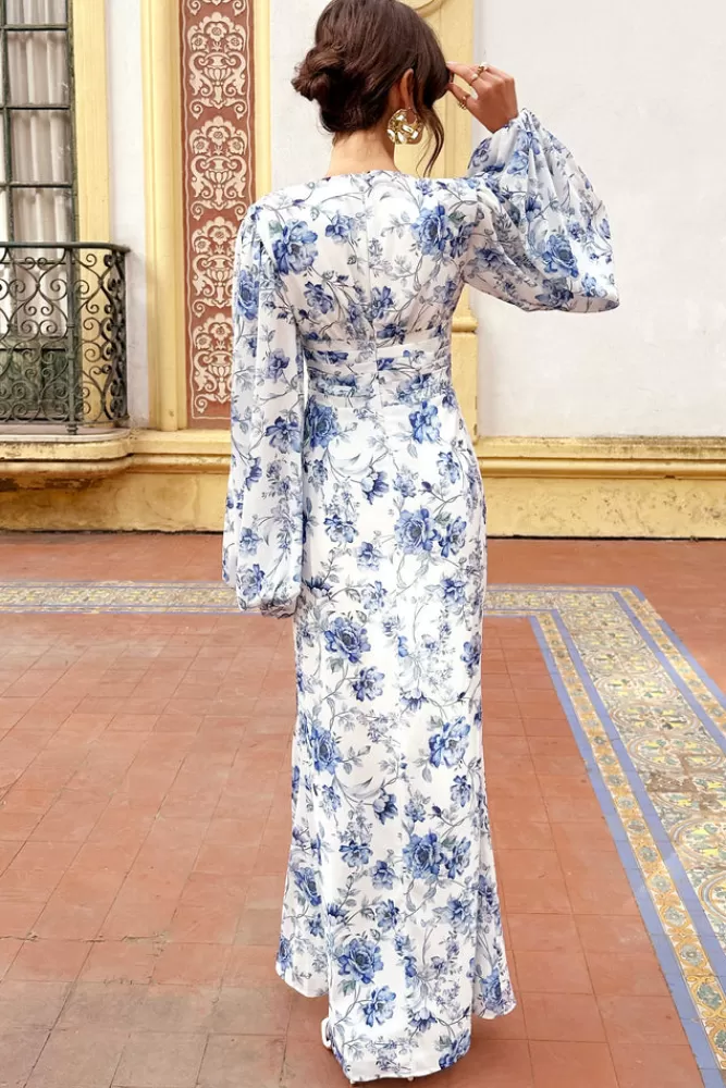 Club L London Casarile - Abito Midi Elegante con Stampa Floreale Blu Navy, Scollatura a V e Maniche a Sbuffo