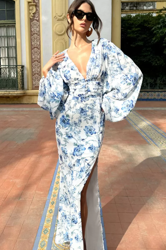 Club L London Casarile - Abito Midi Elegante con Stampa Floreale Blu Navy, Scollatura a V e Maniche a Sbuffo