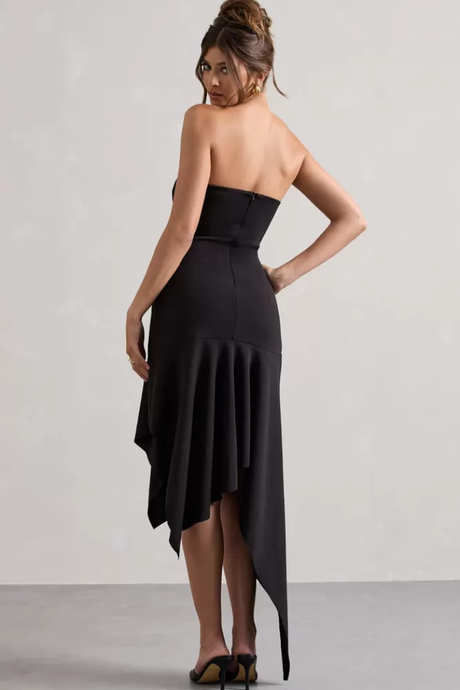 Catalina Abito Longuette Bandeau in Tessuto Fluido - Nero Notte con Scollo Drappeggiato e Chiusura Posteriore Elegante | Club L London Collection Autunno