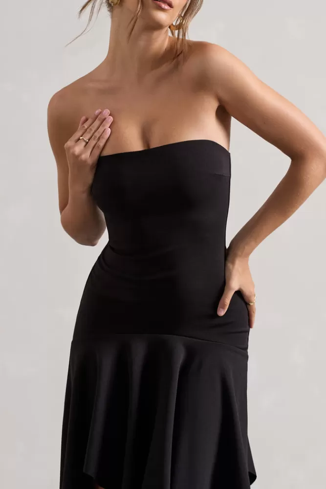 Catalina Abito Longuette Bandeau in Tessuto Fluido - Nero Notte con Scollo Drappeggiato e Chiusura Posteriore Elegante | Club L London Collection Autunno