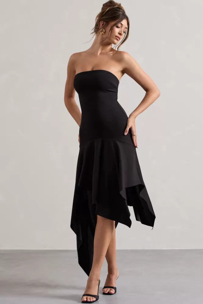 Catalina Abito Longuette Bandeau in Tessuto Fluido - Nero Notte con Scollo Drappeggiato e Chiusura Posteriore Elegante | Club L London Collection Autunno