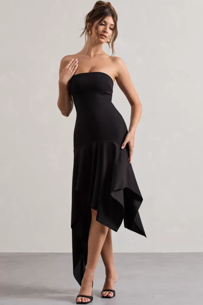 Catalina Abito Longuette Bandeau in Tessuto Fluido - Nero Notte con Scollo Drappeggiato e Chiusura Posteriore Elegante | Club L London Collection Autunno