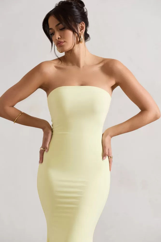 Club L London - Abito Elegante Bandeau con Scollo A Sirena in Tinta Limone | Vestito Lungo Duckling | Edizione Speciale