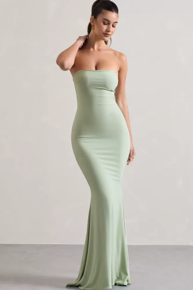 Abito Maxi Elegante Verde Pistacchio Chiaro con Scollo Bandeau e Linea a Codera - Promo Lampo per Eventi Speciali by Club L London