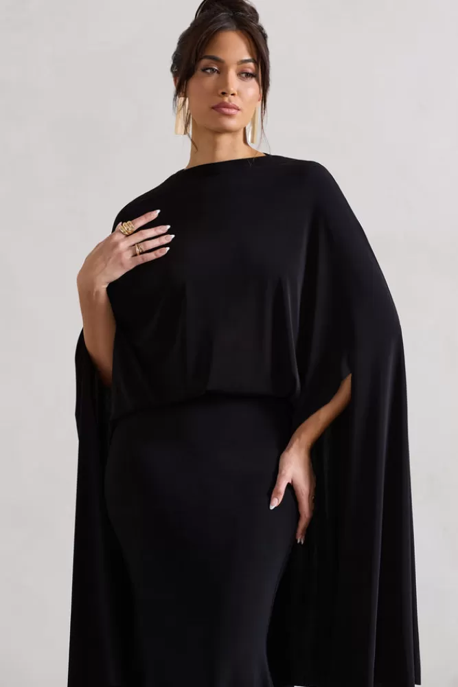 Abito Longuette con Drappeggio Elegante - Collo Alto Nero di Club L London | Modello Charmaine | Dettagli Sartoriali e Design Inedito
