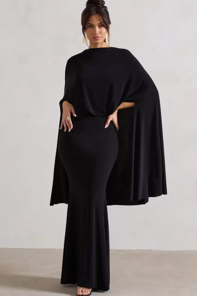 Abito Longuette con Drappeggio Elegante - Collo Alto Nero di Club L London | Modello Charmaine | Dettagli Sartoriali e Design Inedito