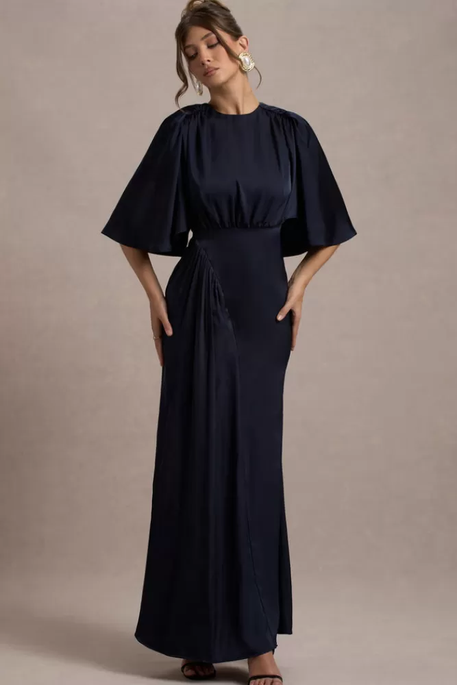 Abito Lungo in Raso con Drappeggi London Club L | Modello Cinder - Blu Navy in Saldi