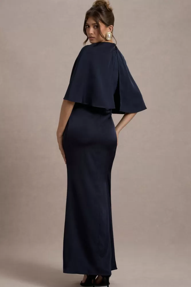 Abito Lungo in Raso con Drappeggi London Club L | Modello Cinder - Blu Navy in Saldi