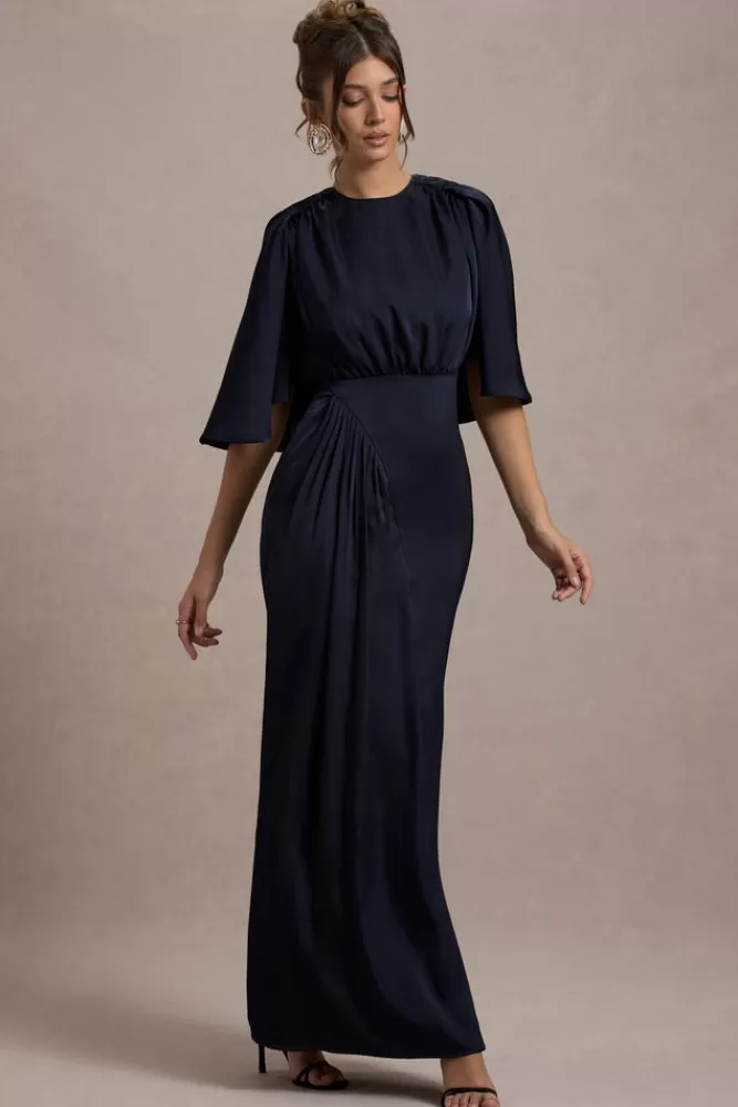 Abito Lungo in Raso con Drappeggi London Club L | Modello Cinder - Blu Navy in Saldi