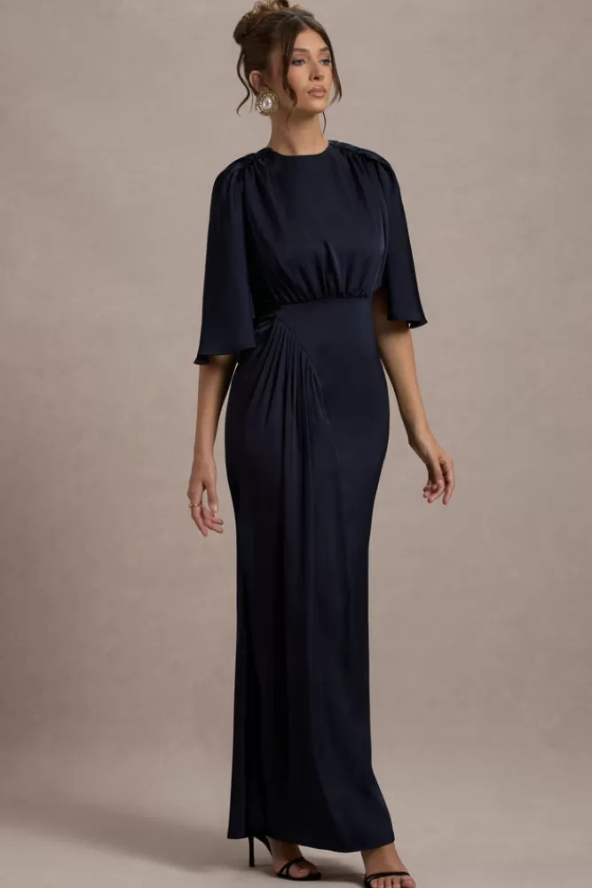 Abito Lungo in Raso con Drappeggi London Club L | Modello Cinder - Blu Navy in Saldi