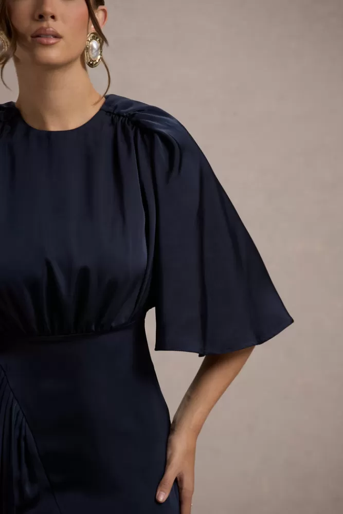 Abito Lungo in Raso con Drappeggi London Club L | Modello Cinder - Blu Navy in Saldi