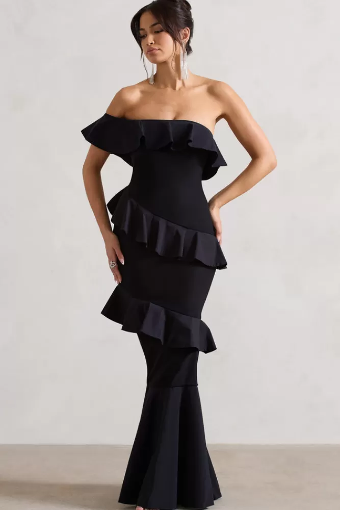 Club L London - Abito Maxi Elegante con Scollo alla Bardot, Volant e Coda di Sirena in Nero - Imperdibile Offerta Estiva
