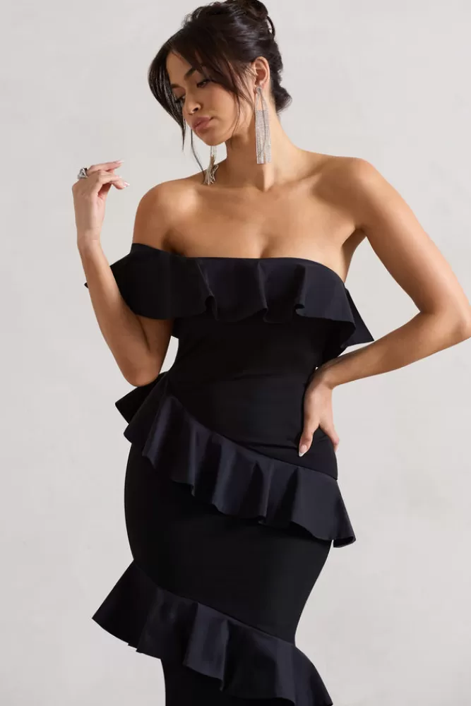 Club L London - Abito Maxi Elegante con Scollo alla Bardot, Volant e Coda di Sirena in Nero - Imperdibile Offerta Estiva