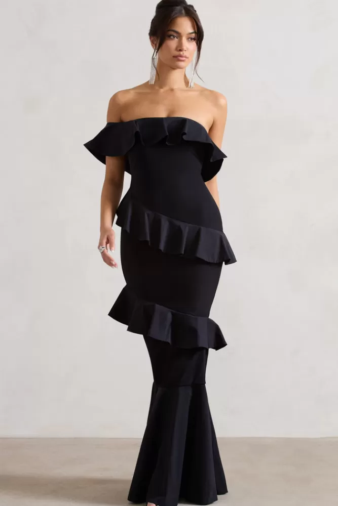 Club L London - Abito Maxi Elegante con Scollo alla Bardot, Volant e Coda di Sirena in Nero - Imperdibile Offerta Estiva