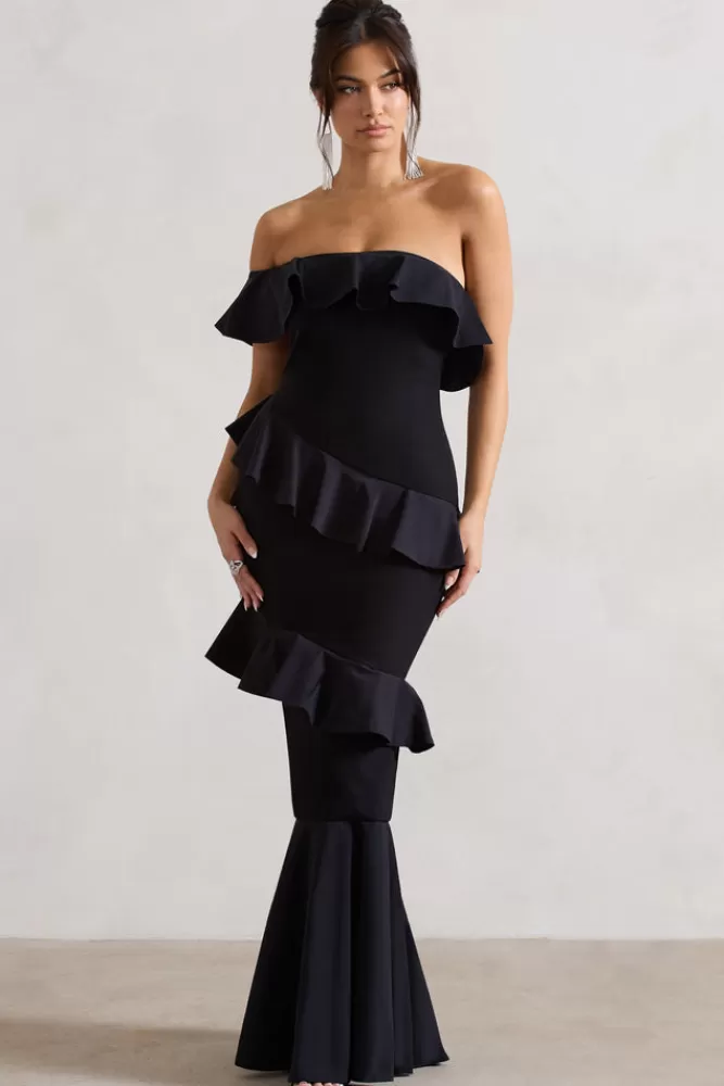 Club L London - Abito Maxi Elegante con Scollo alla Bardot, Volant e Coda di Sirena in Nero - Imperdibile Offerta Estiva