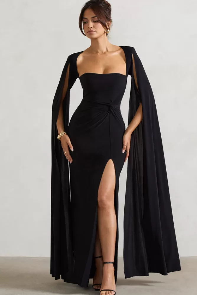 Elegante Vestito Lungo Claretta con Scollo Quadrato e Drappeggio | Maniche a Mantella in Tessuto Fluido - Nero Assoluto | Club L London Collection