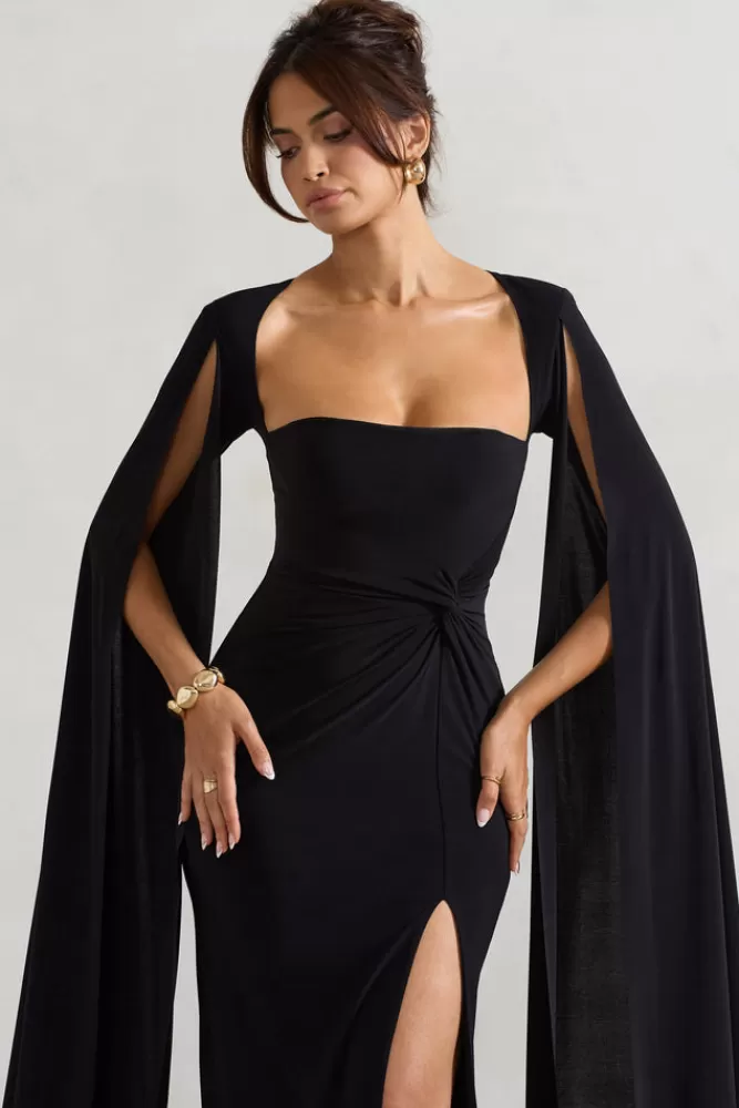 Elegante Vestito Lungo Claretta con Scollo Quadrato e Drappeggio | Maniche a Mantella in Tessuto Fluido - Nero Assoluto | Club L London Collection