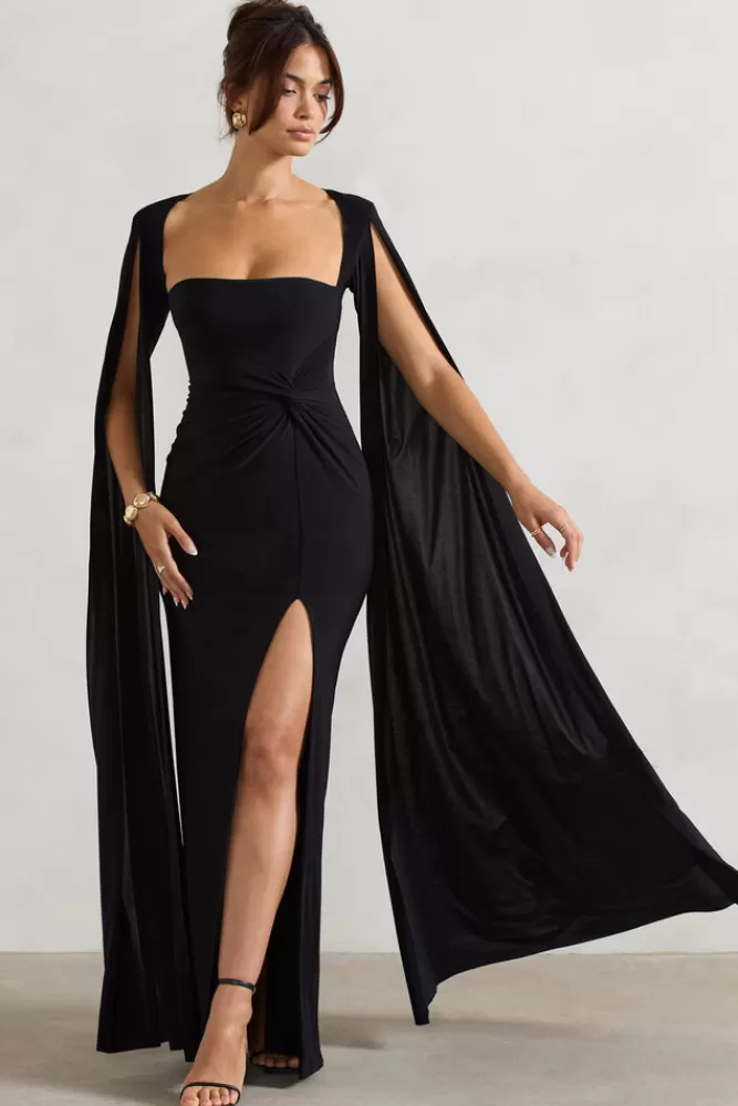 Elegante Vestito Lungo Claretta con Scollo Quadrato e Drappeggio | Maniche a Mantella in Tessuto Fluido - Nero Assoluto | Club L London Collection