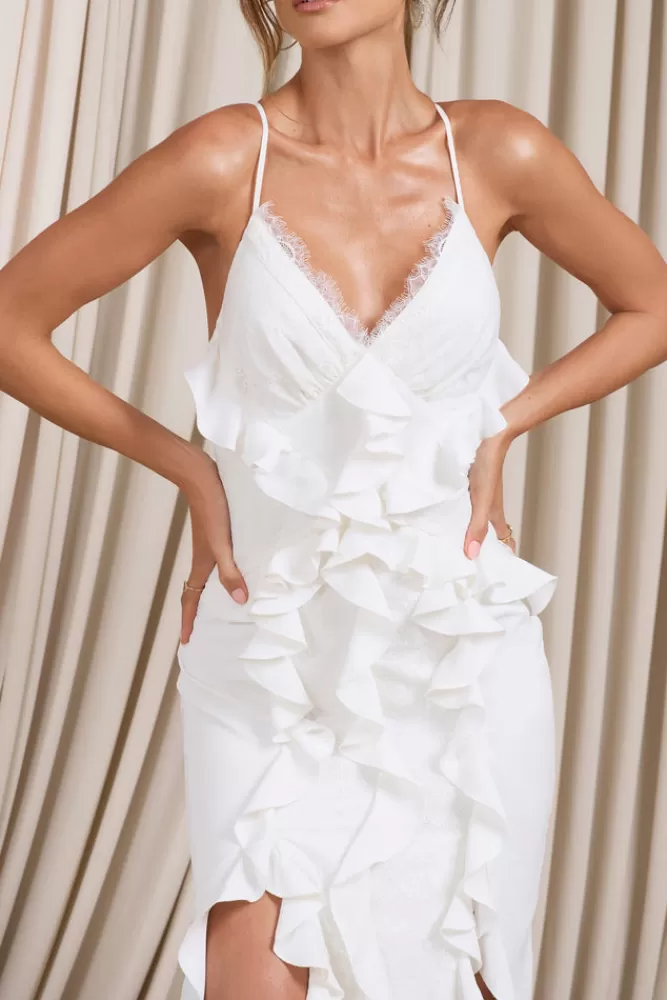 Abito Maxi Sognante Club L London - Design in Pizzo con Spalline Eleganti e Balze Romantiche, Bianco Puro - Occasione Imperdibile