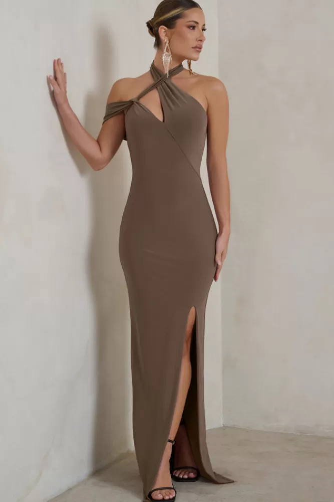 Abito lungo Clementine con scollatura asimmetrica e spacco coscia - Club L London in tonalità Mocha Chiaro  

Elegante vestito maxi con taglio diagonale sul décolleté e apertura laterale alla coscia, disponibile nella nuance caffelatte chiaro - Modello Clementine by Club L London