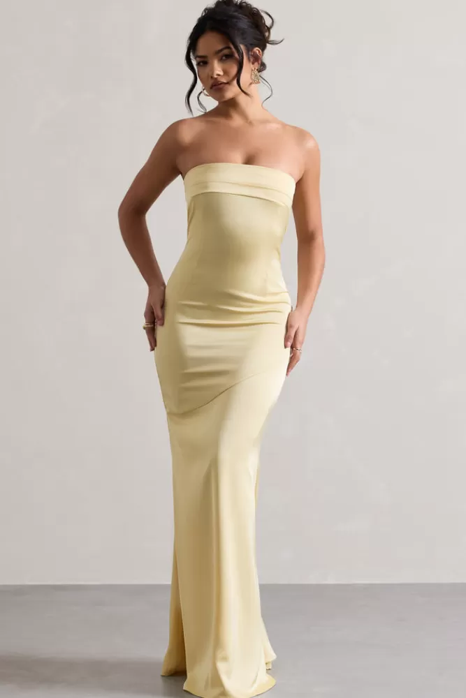 Club L London - Abito Longuette Elegante in Raso Plissettato con Bandeau | Collezione Colada Limone Stilizzato